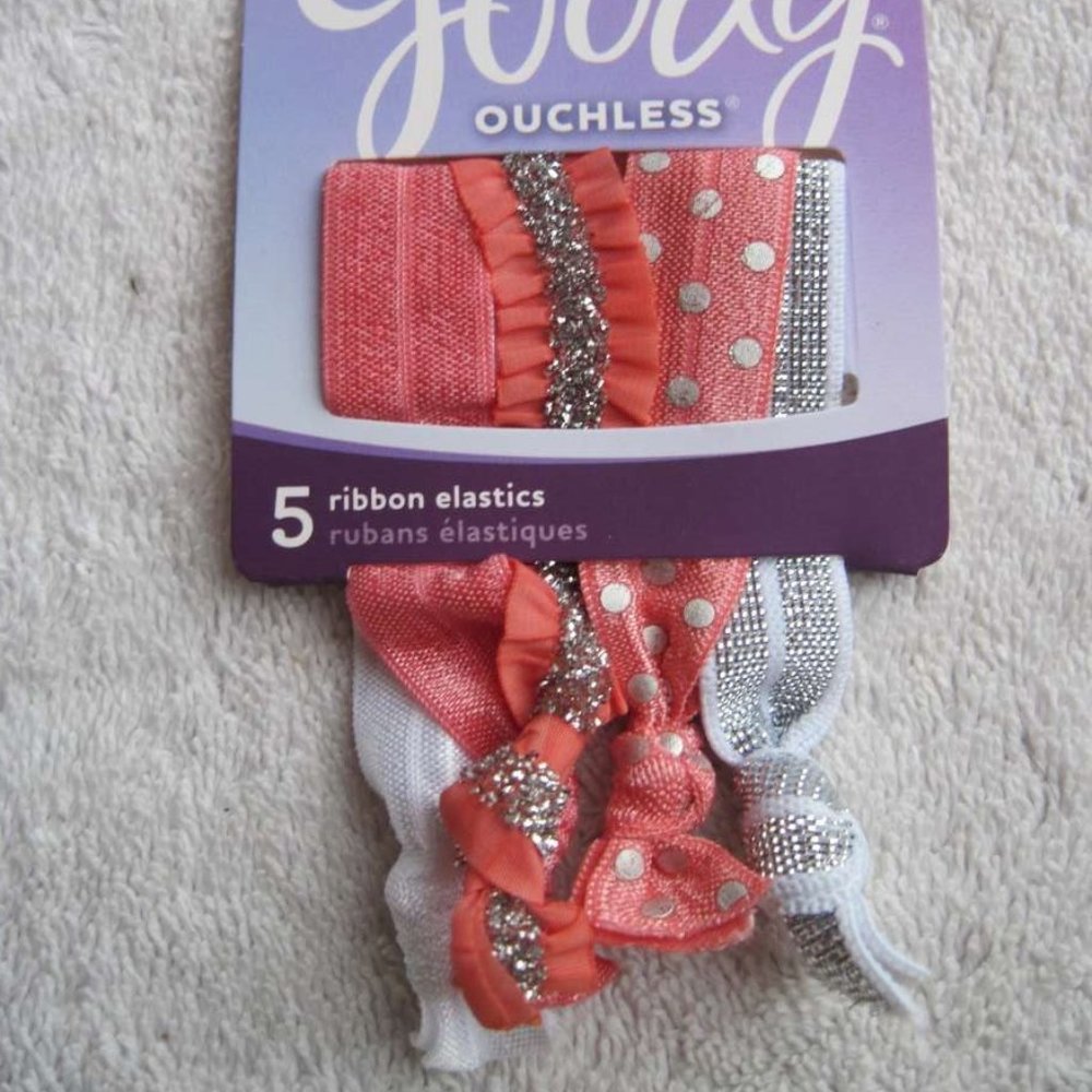 5 Goody Ouchless Ribbon Elastics Ponytailer Hair Bands Soft No Metal Tied Spring